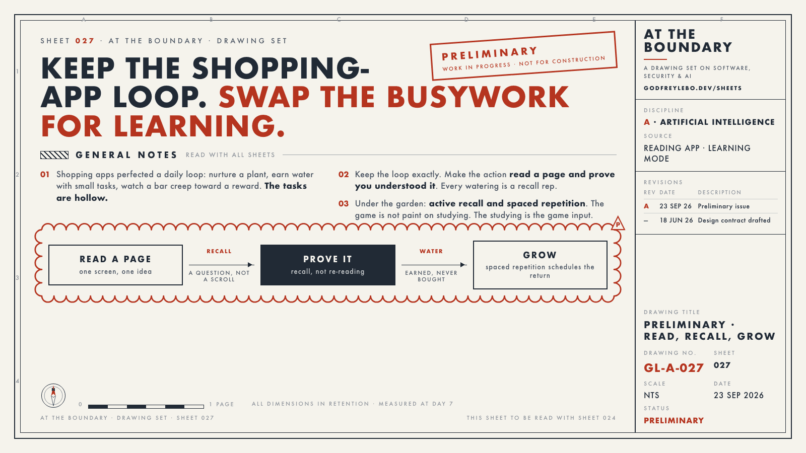 Drawing sheet 027: Keep the shopping-app loop. Swap the busywork for learning.