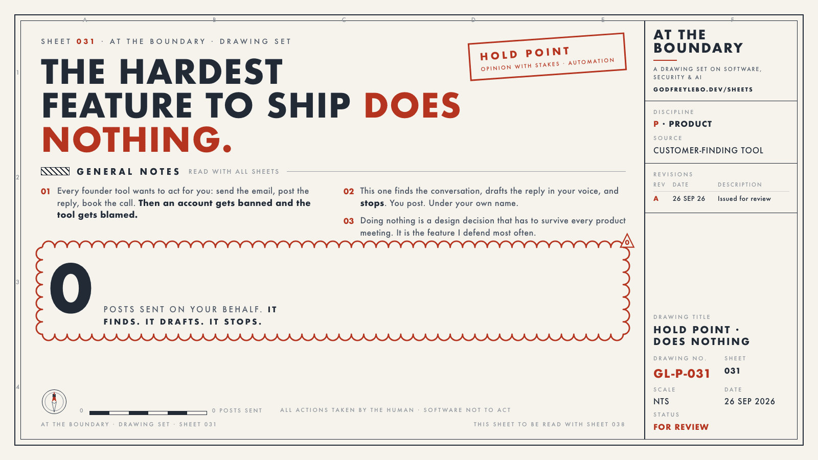 Drawing sheet 031: The hardest feature to ship does nothing.
