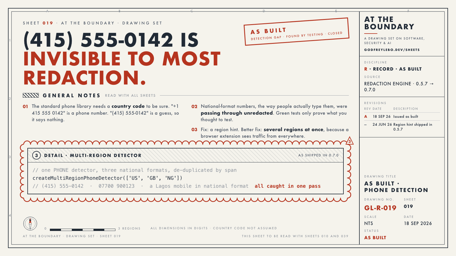 Drawing sheet 019: (415) 555-0142 is invisible to most redaction.